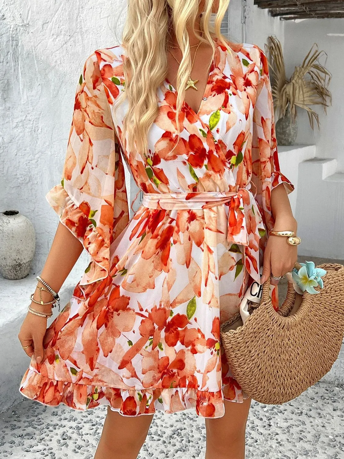 Devine Printed Surplice Ruffled 3/4 Sleeve Mini Dress