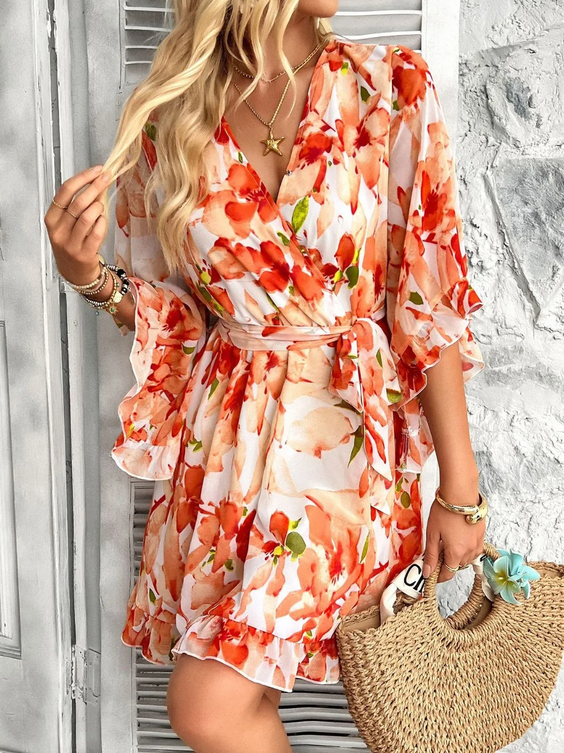 Devine Printed Surplice Ruffled 3/4 Sleeve Mini Dress