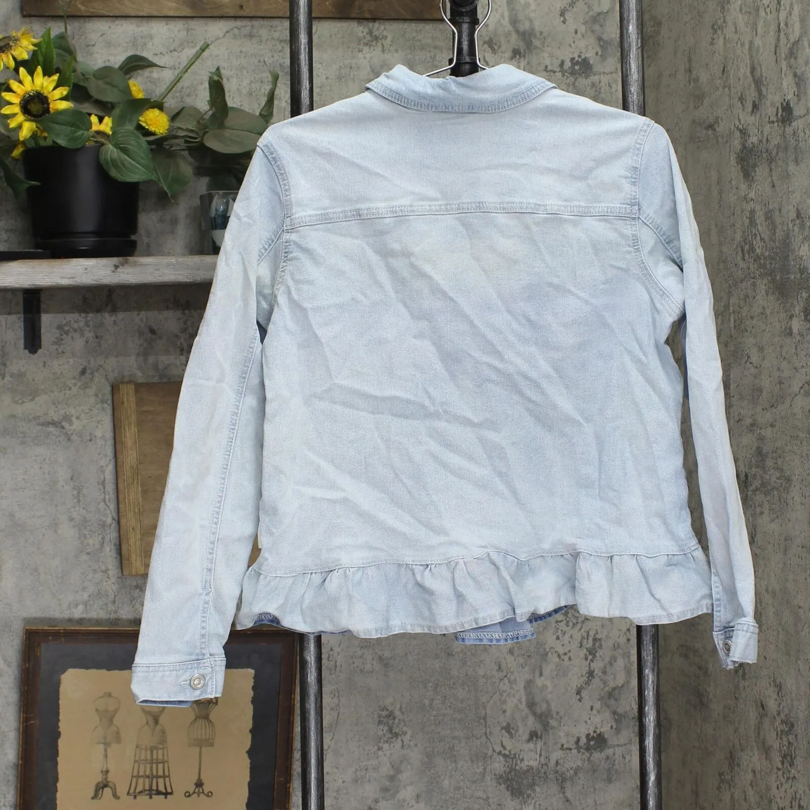 DG2 Womens Ruffled-Hem Classic Stretch Denim Jacket 688254 Chambray Blue L