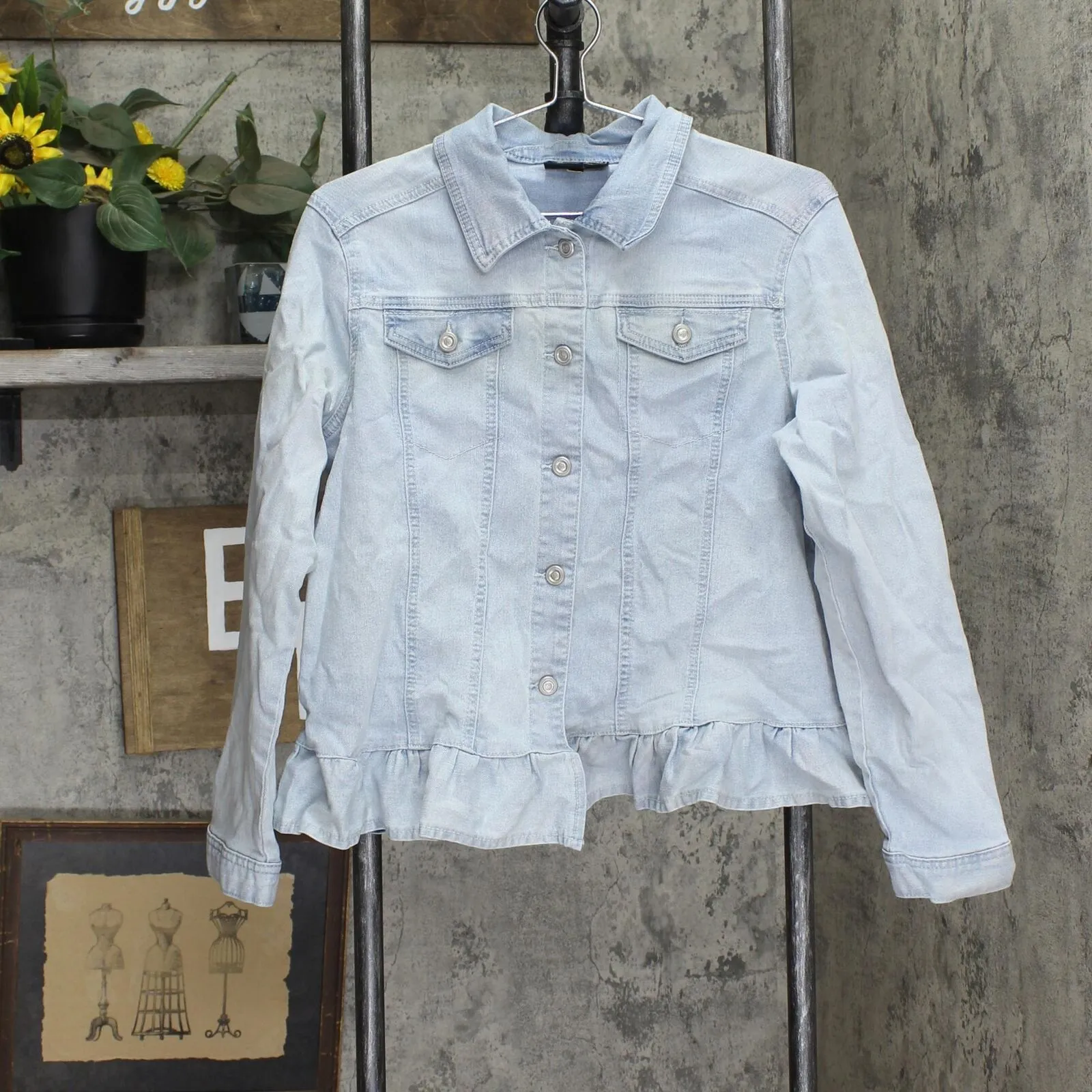 DG2 Womens Ruffled-Hem Classic Stretch Denim Jacket 688254 Chambray Blue L