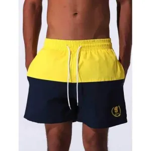 Drawstring Color Block Panel Embroidered Board Shorts - Yellow 2xl