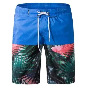 Drawstring Leaves Print Panel Board Shorts - Blueberry Blue M