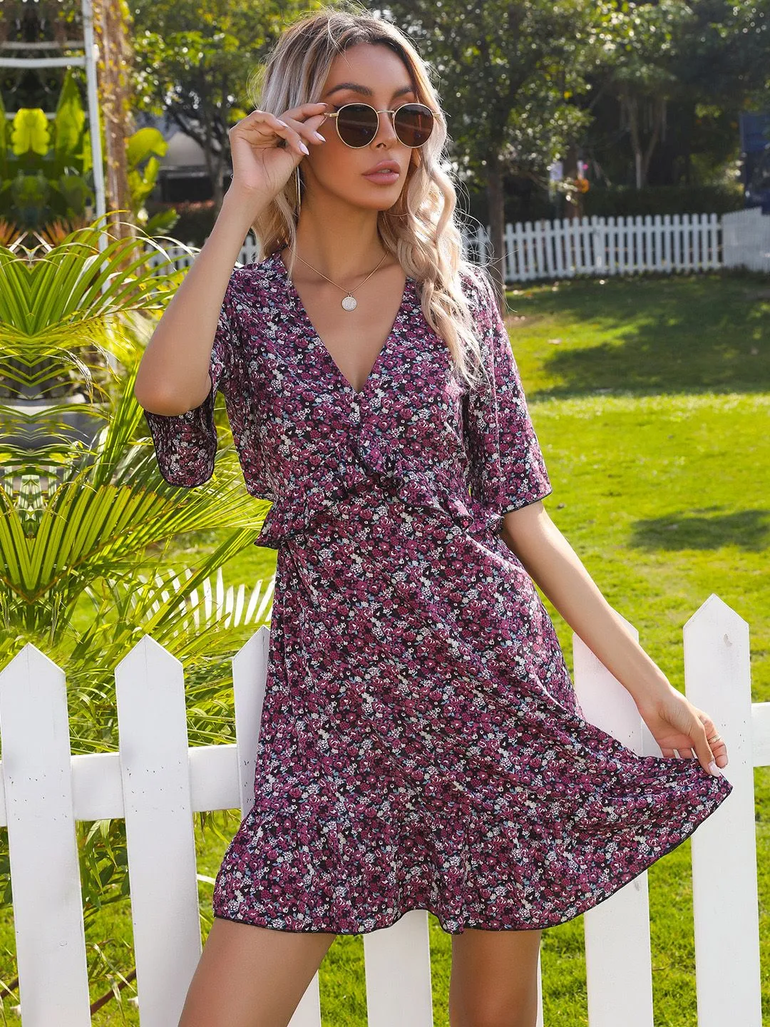 DressBerry Floral Print Cut-Out Detail Ruffled Empire Mini Dress