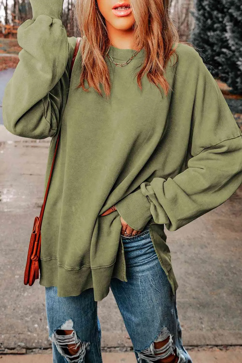 Dropped Shoulder Round Neck Long Sleeve Blouse (5 Colors)