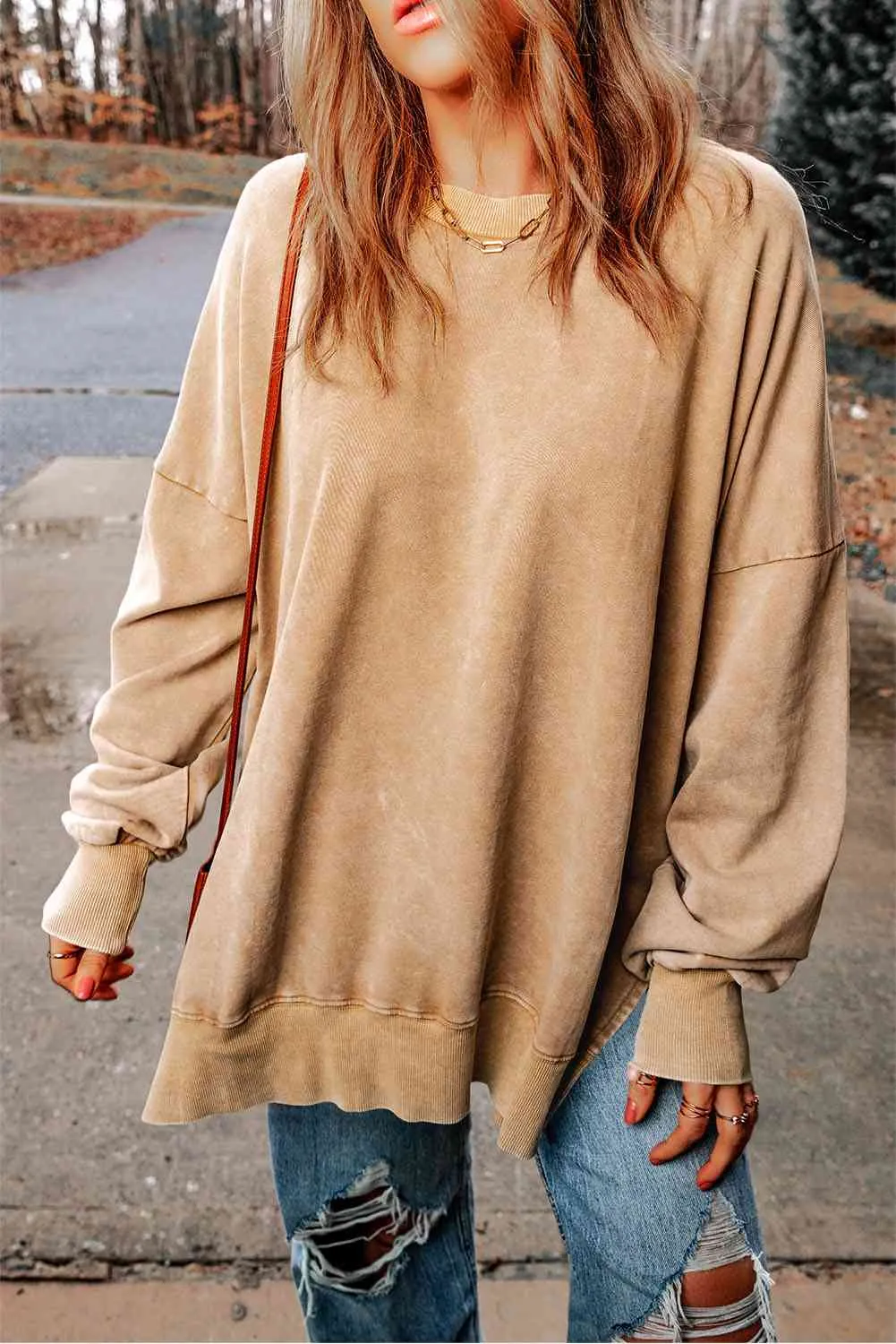 Dropped Shoulder Round Neck Long Sleeve Blouse (5 Colors)