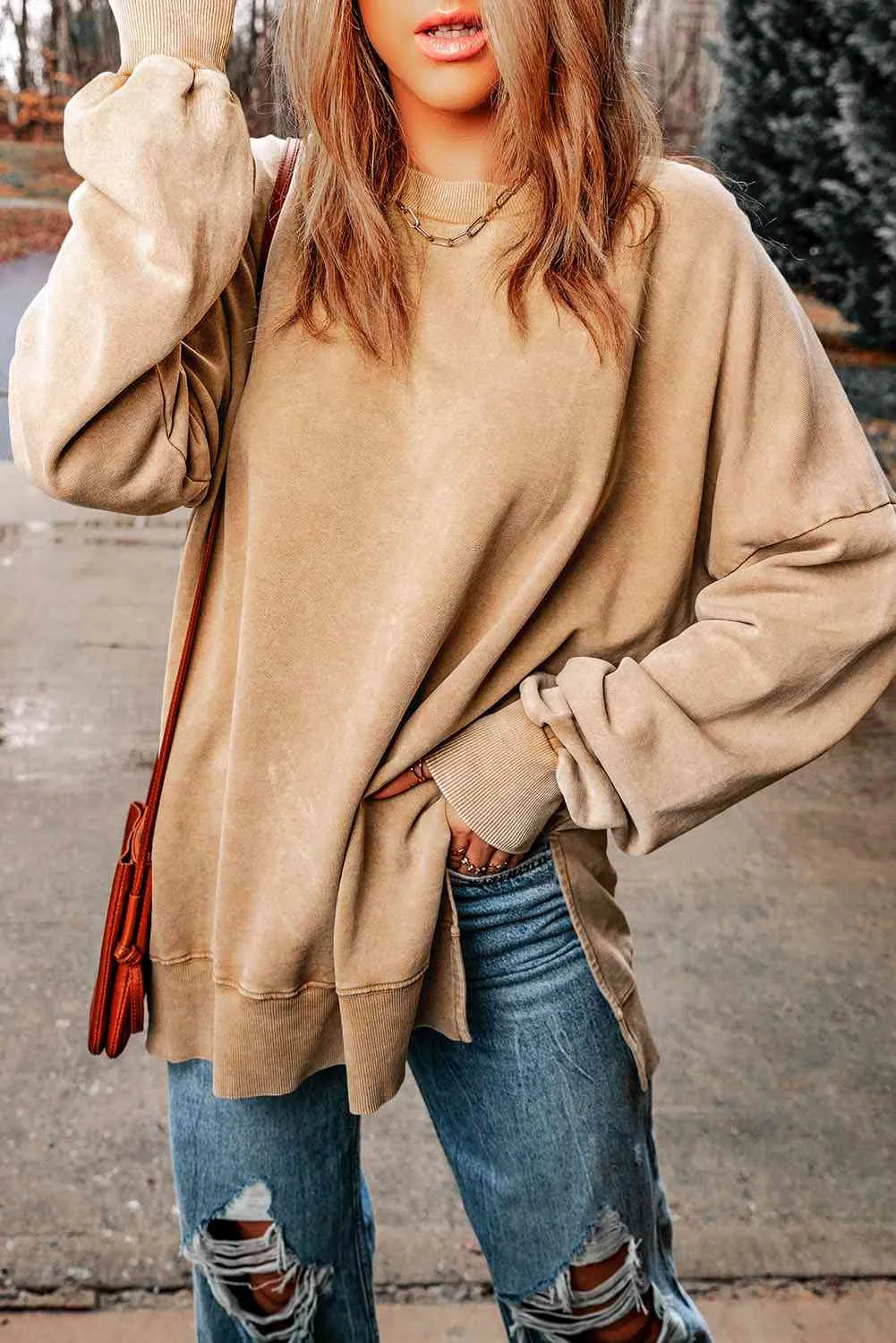 Dropped Shoulder Round Neck Long Sleeve Blouse (5 Colors)