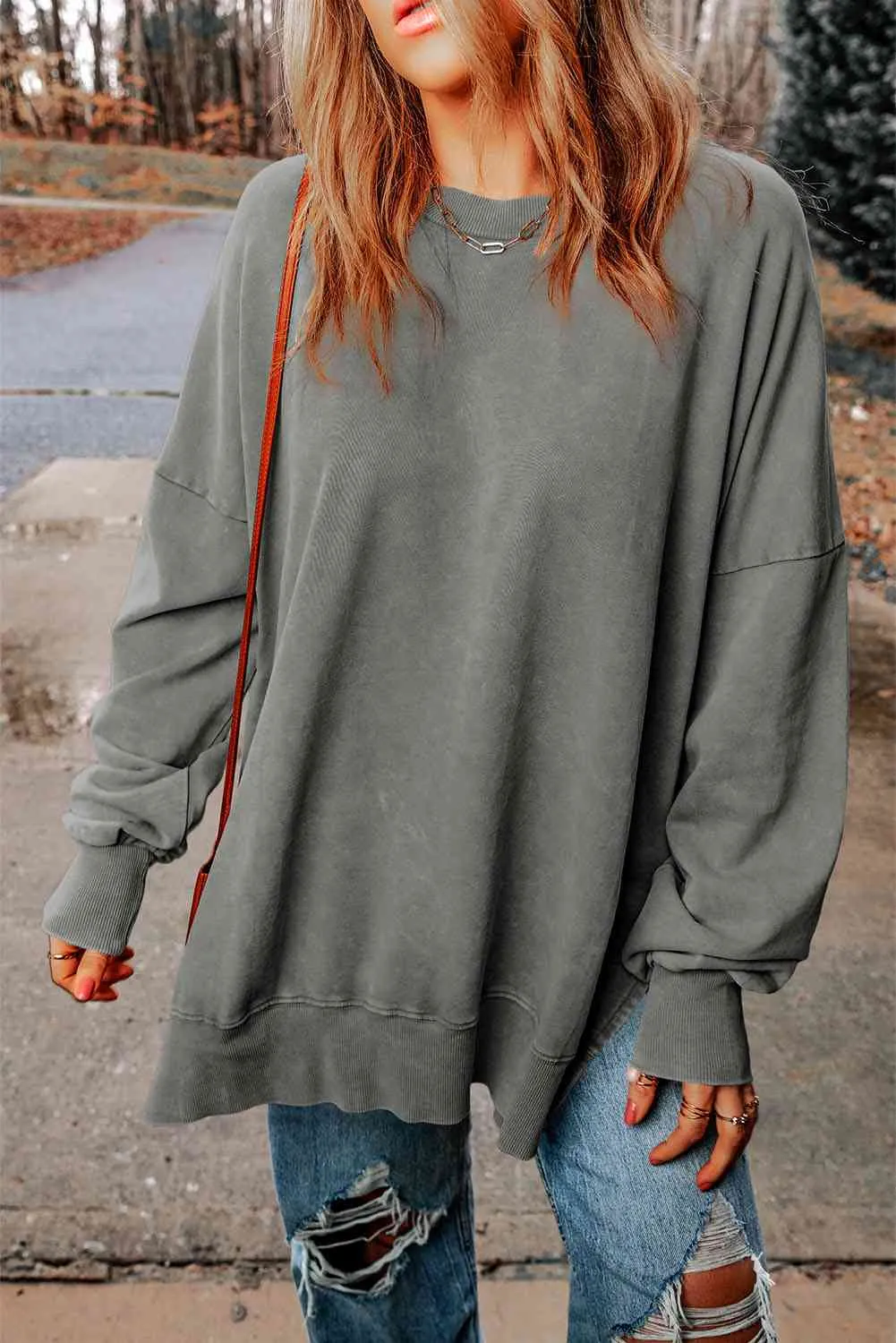 Dropped Shoulder Round Neck Long Sleeve Blouse (5 Colors)