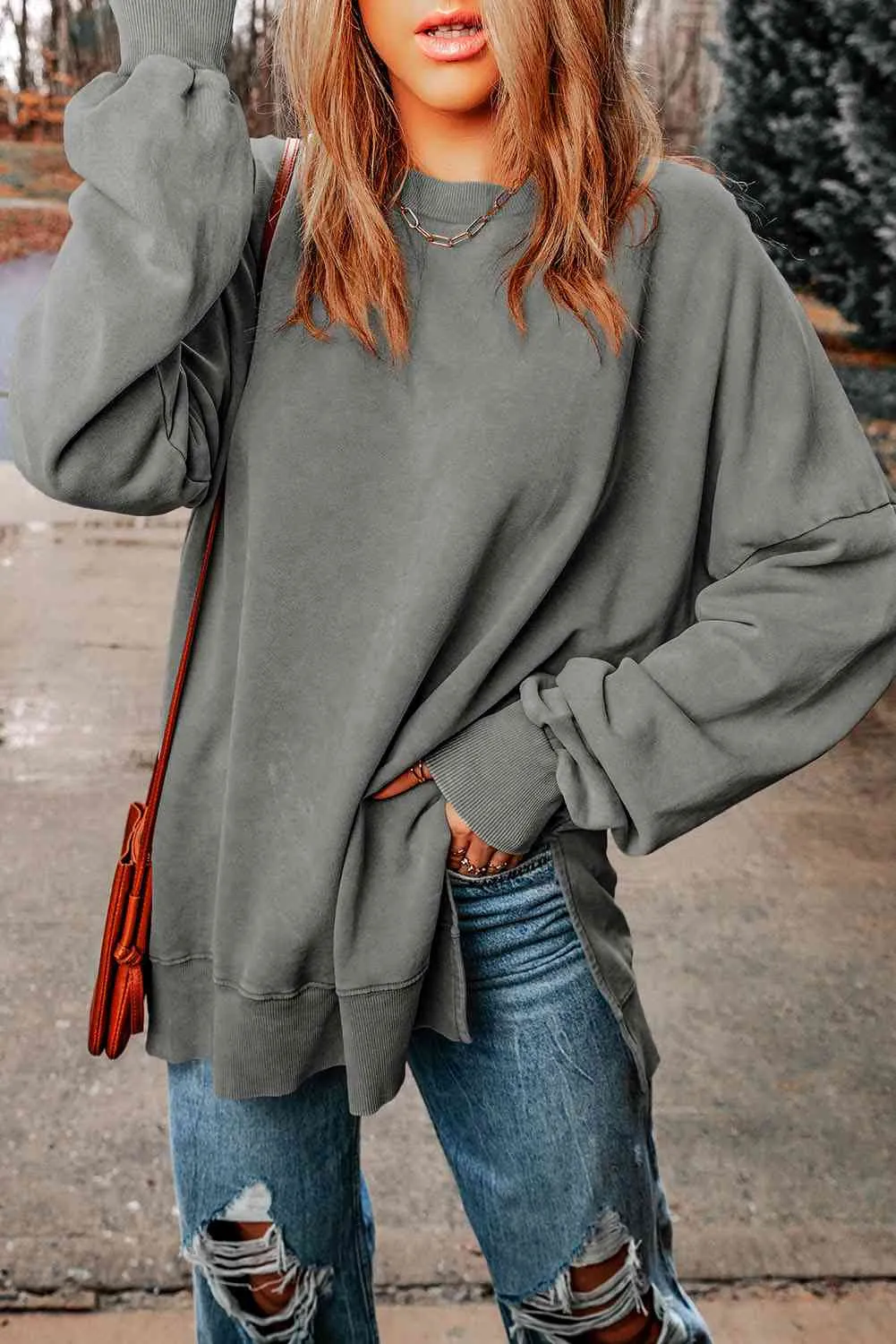 Dropped Shoulder Round Neck Long Sleeve Blouse (5 Colors)