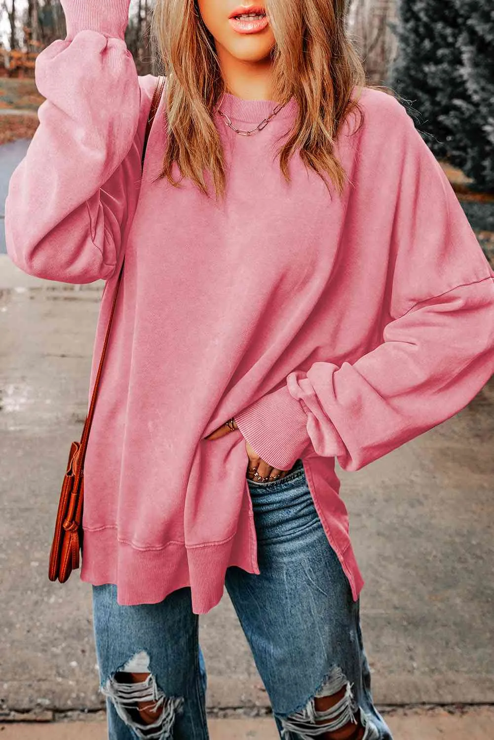 Dropped Shoulder Round Neck Long Sleeve Blouse (5 Colors)