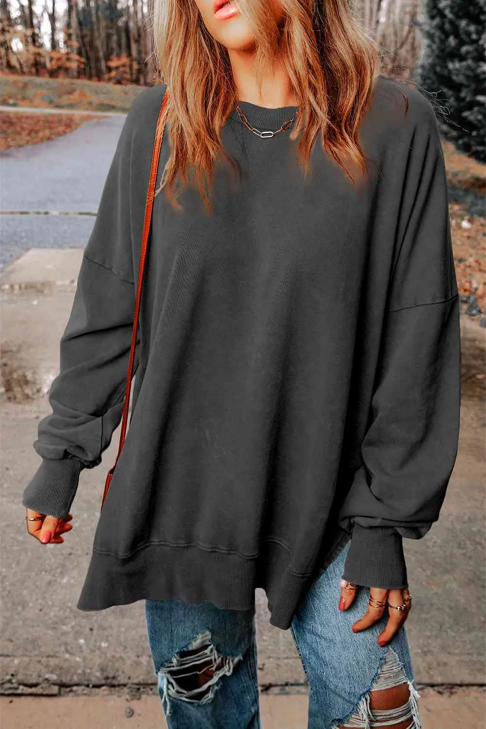 Dropped Shoulder Round Neck Long Sleeve Blouse (5 Colors)