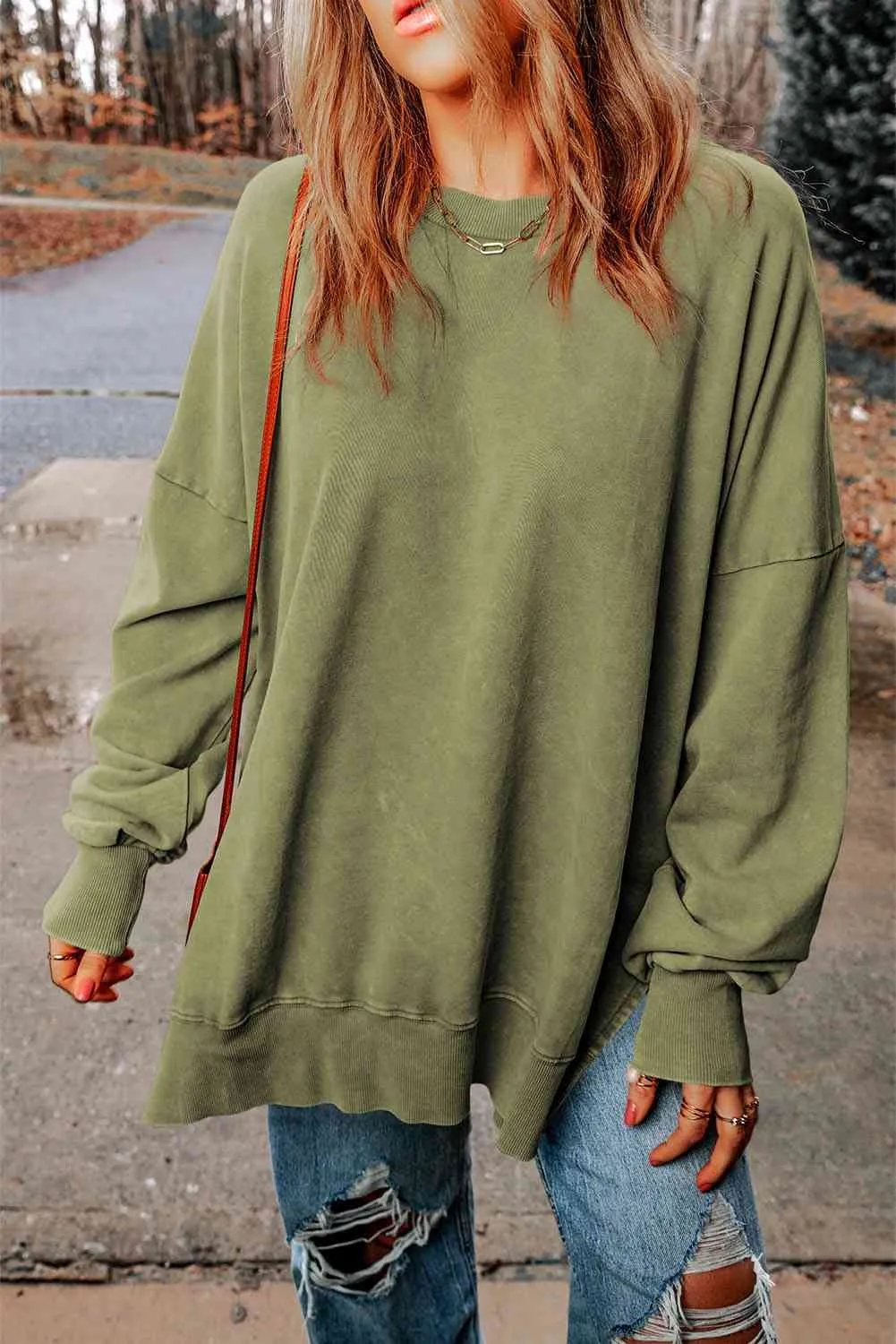 Dropped Shoulder Round Neck Long Sleeve Blouse (5 Colors)