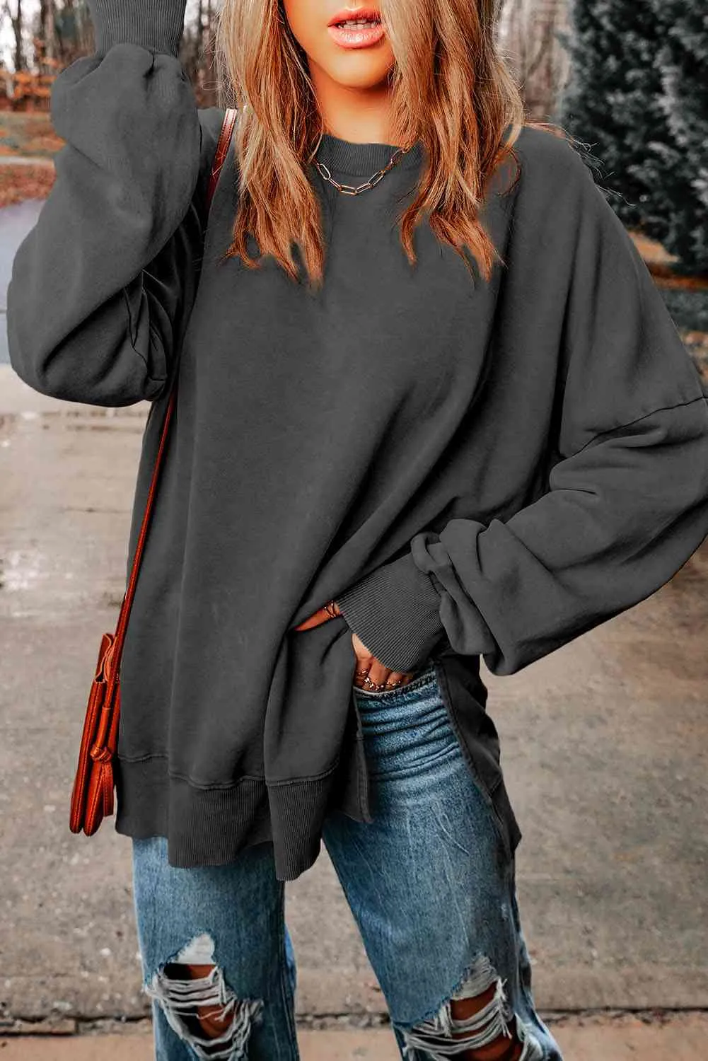 Dropped Shoulder Round Neck Long Sleeve Blouse (5 Colors)