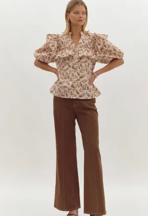 Ecru printed button v-neck ss ruffled