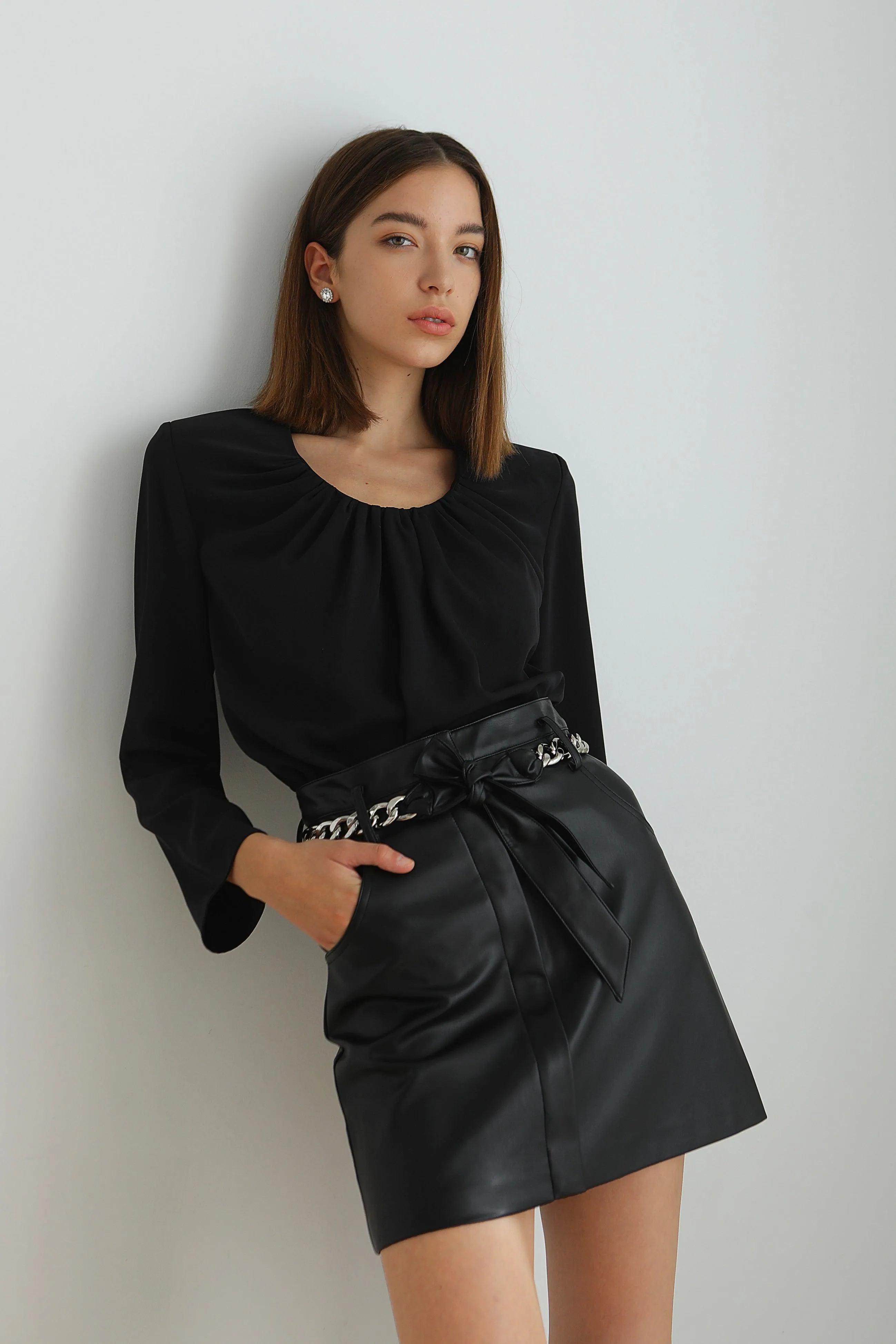 Edith Vegan Leather Belted Mini Skirt