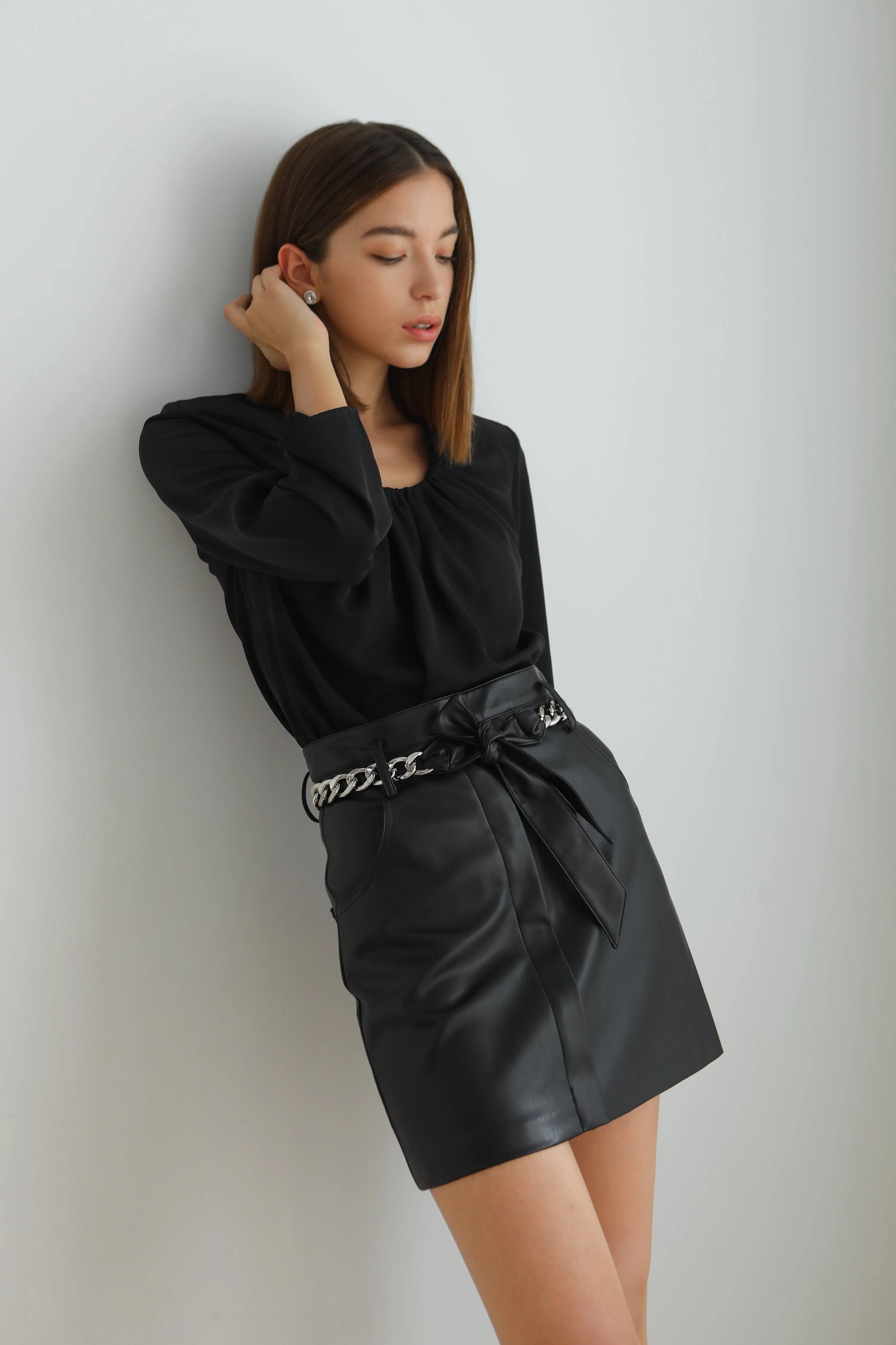 Edith Vegan Leather Belted Mini Skirt