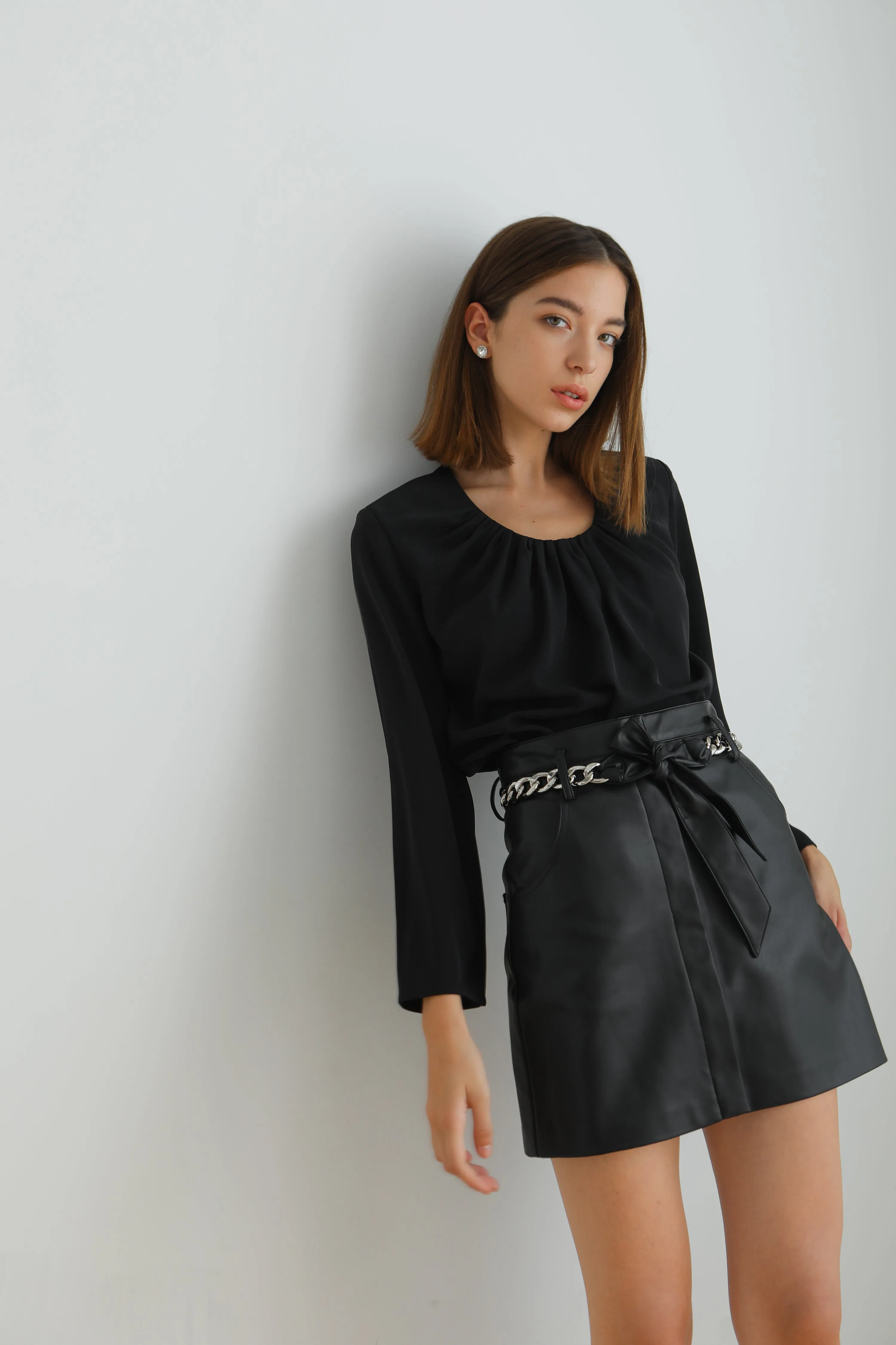 Edith Vegan Leather Belted Mini Skirt