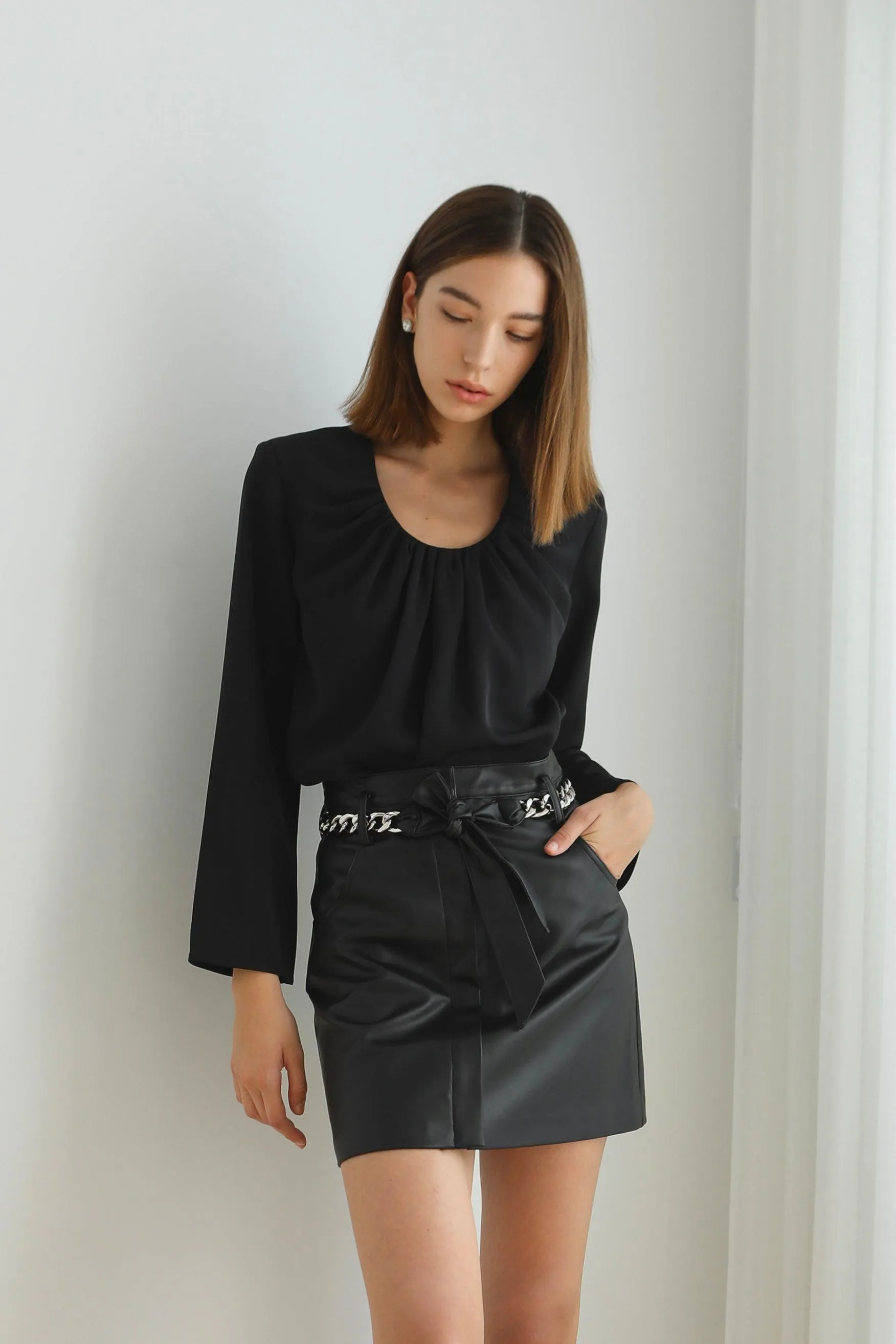 Edith Vegan Leather Belted Mini Skirt