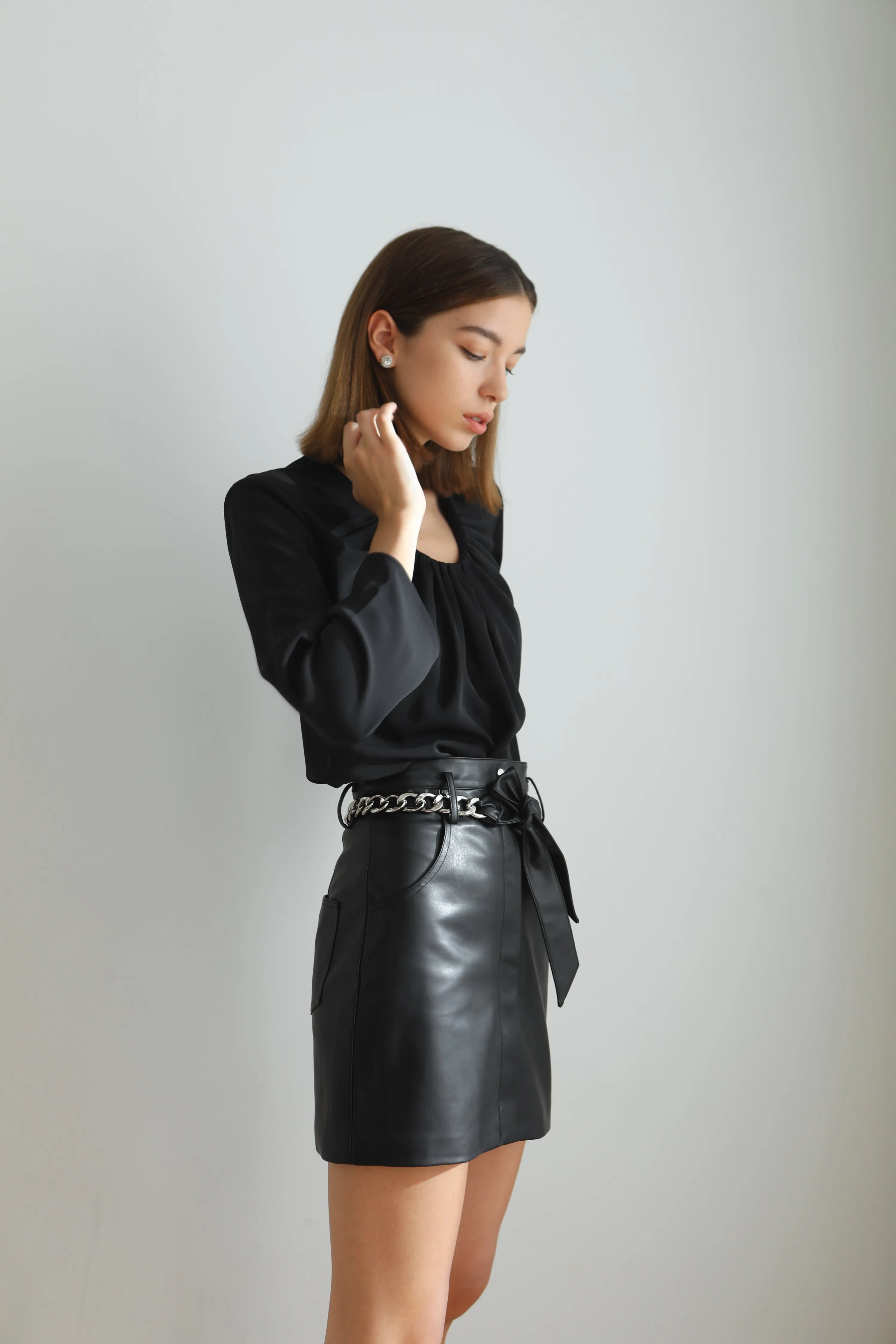 Edith Vegan Leather Belted Mini Skirt