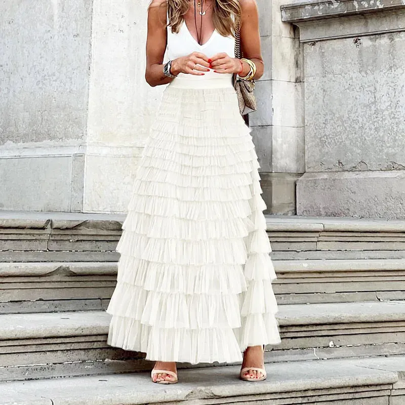 Elegant Elastic Waist Multi-Layered Long Skirt Sexy Mesh Lace Loose Tiered Party Skirt New Fashion High Waist Skirts