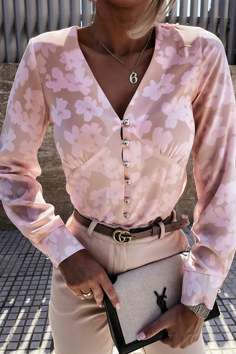 Elegant Print Patchwork Buckle V Neck Blouses (3 Colors)