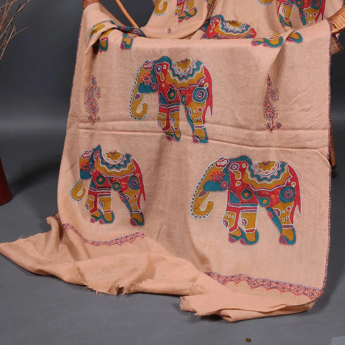 Elephant Design Sozni Embroidered Stole