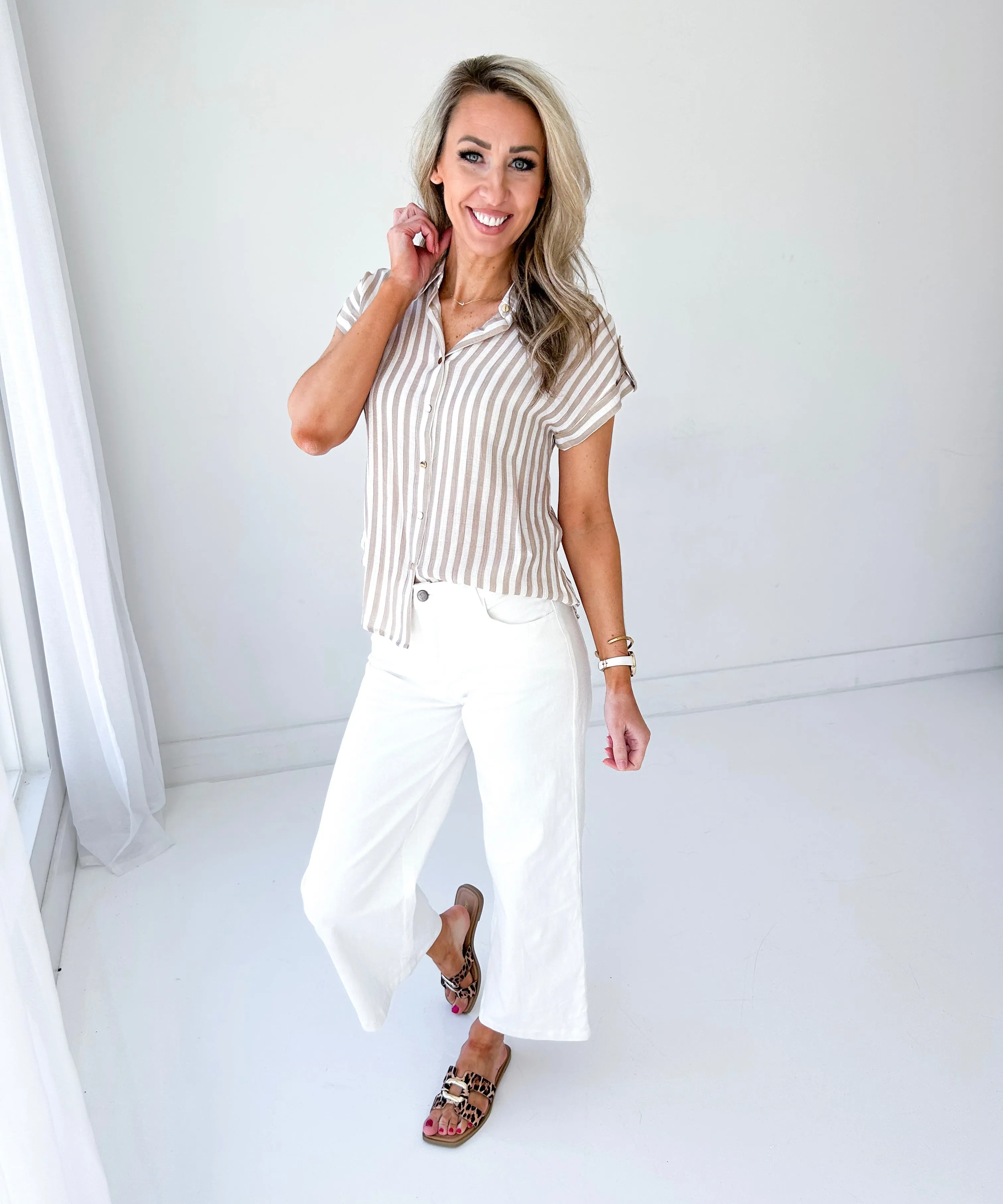 Elizah Striped Gold Button Up Top
