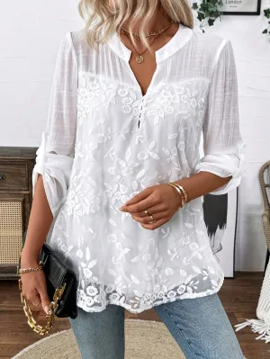 Embroidered Blouse - Floral Design & Long Sleeves Design