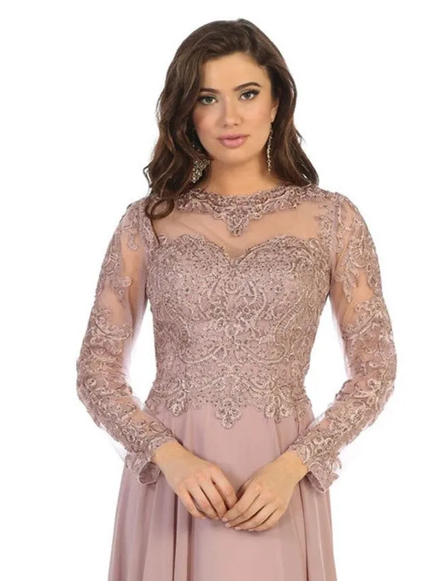 Embroidered Long Sleeve Dress With Chiffon Skirt