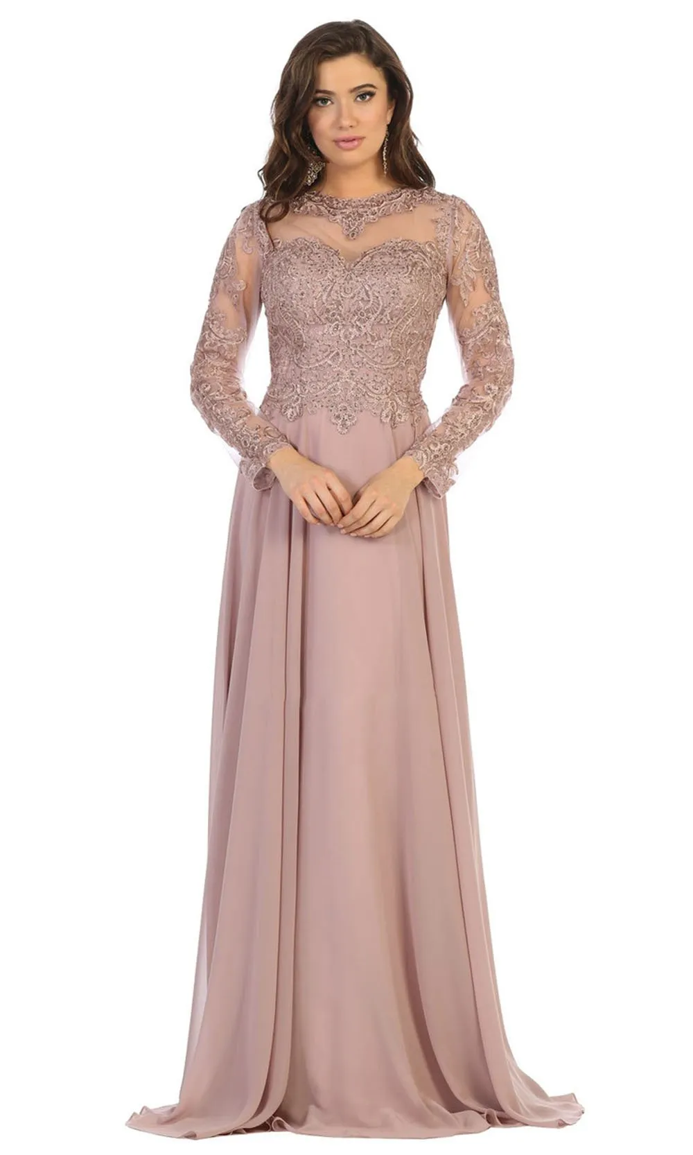 Embroidered Long Sleeve Dress With Chiffon Skirt