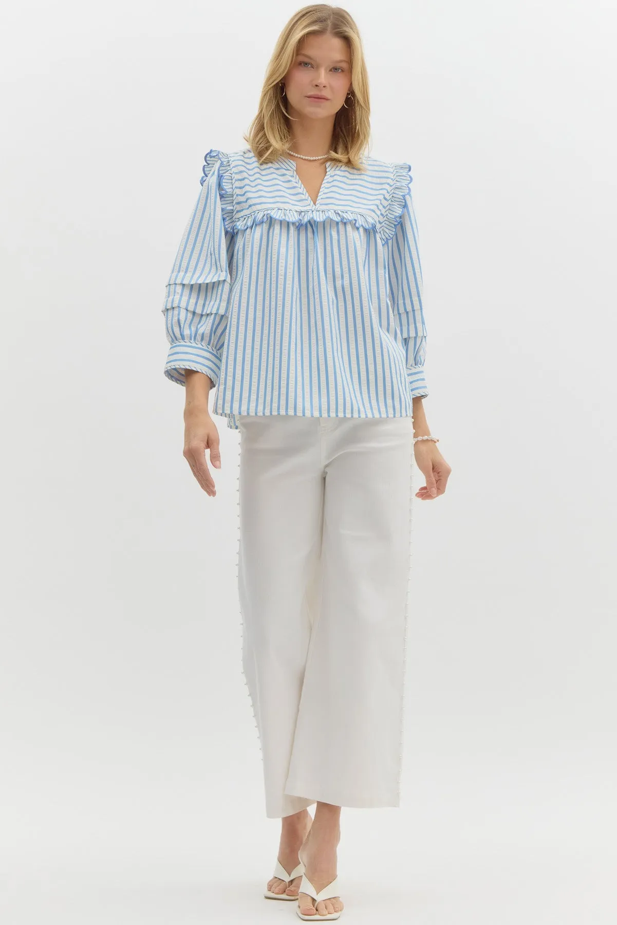 Embroidered Ruffle Long Sleeved Top {Blue}
