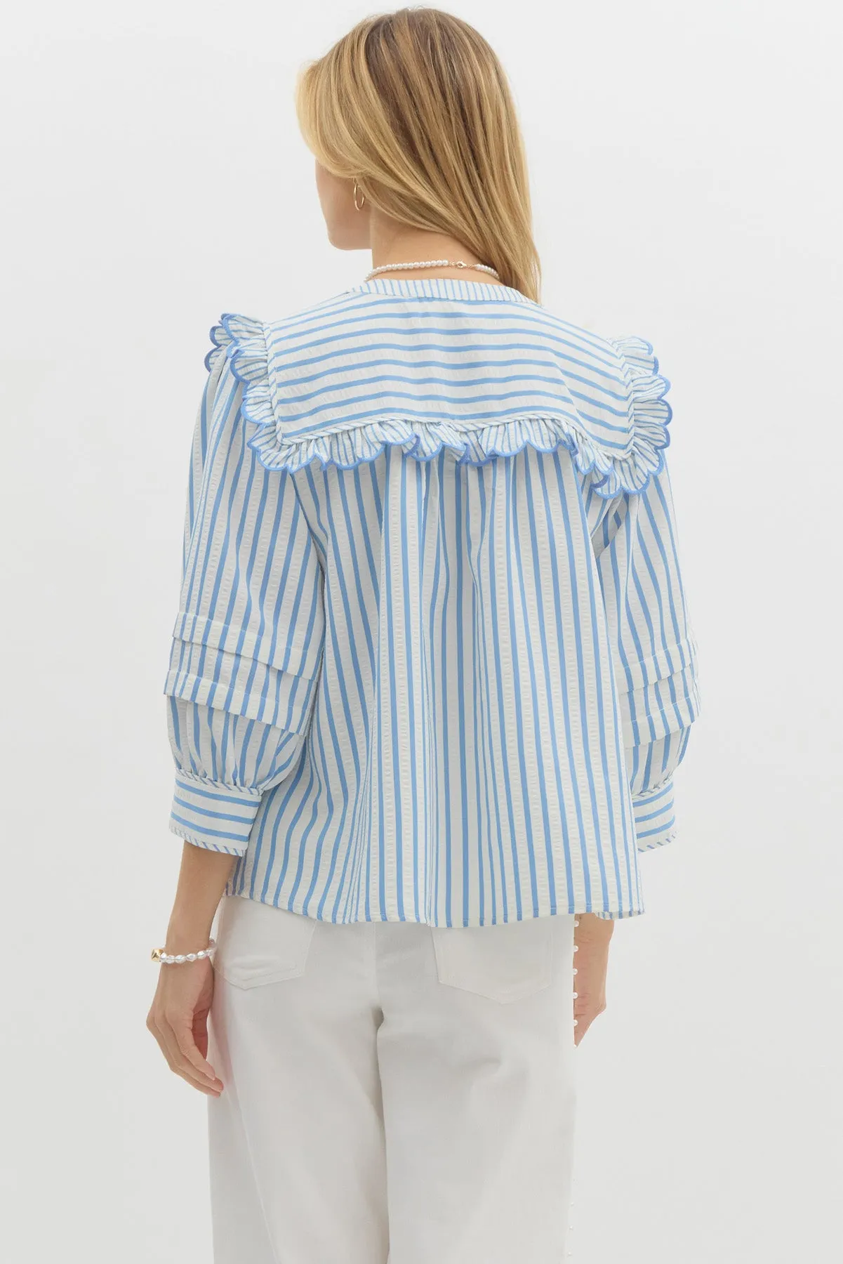 Embroidered Ruffle Long Sleeved Top {Blue}