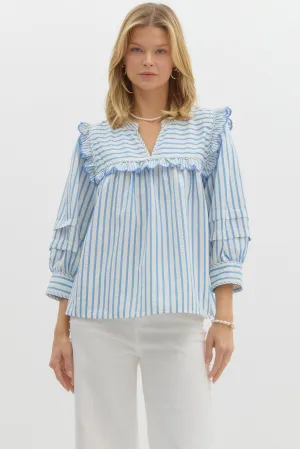 Embroidered Ruffle Long Sleeved Top {Blue}