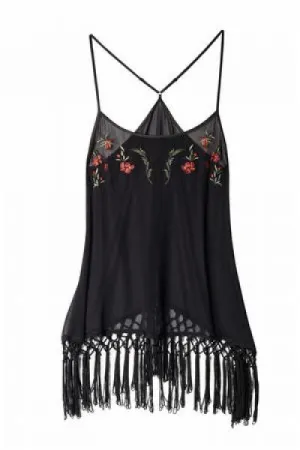 Embroidered Tassle Chemise - Black -