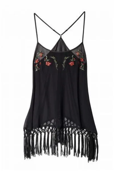 Embroidered Tassle Chemise - Black -