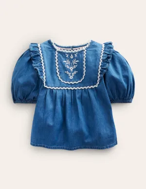 Embroidered Woven Top-Mid Denim