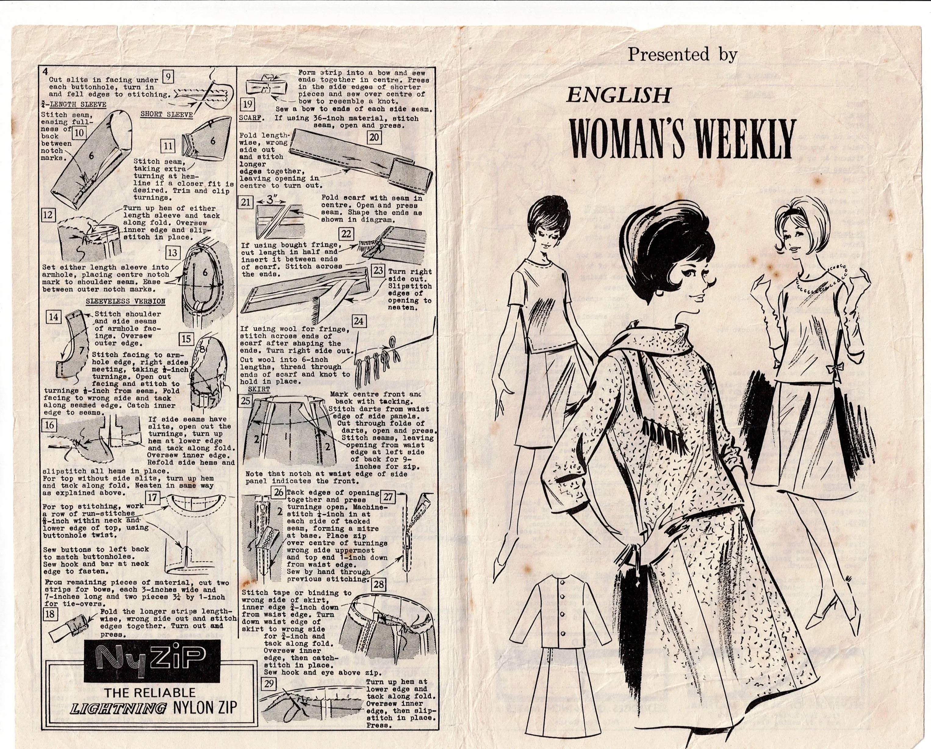 English Woman's Weekly Womens Classic MOD 2 Piece Dress 1960s Vintage Sewing Pattern Bust 36 inches UNUSED Factory Folded