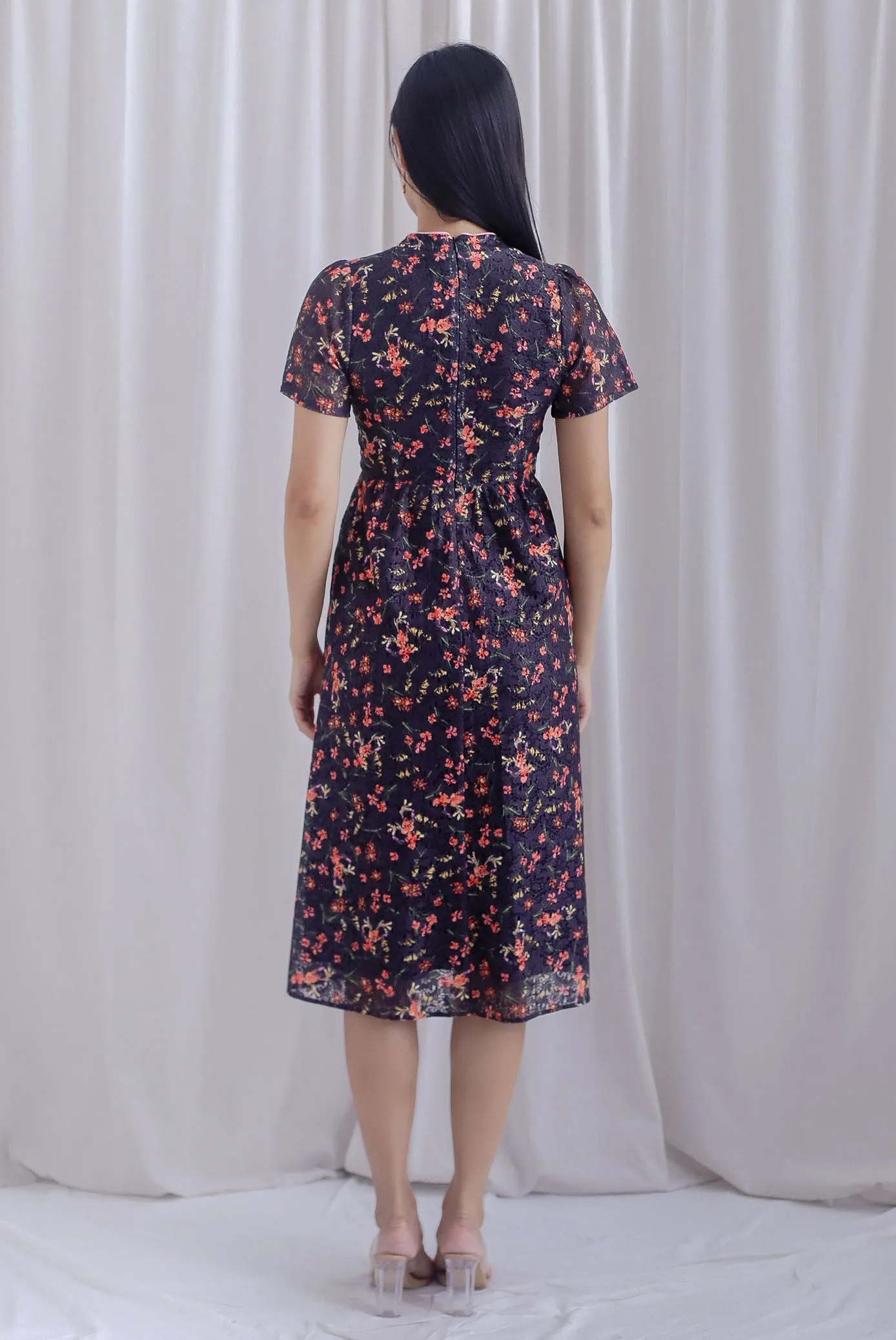 Eudora Sleeved Floral Lace Cheong Sam Dress In Black