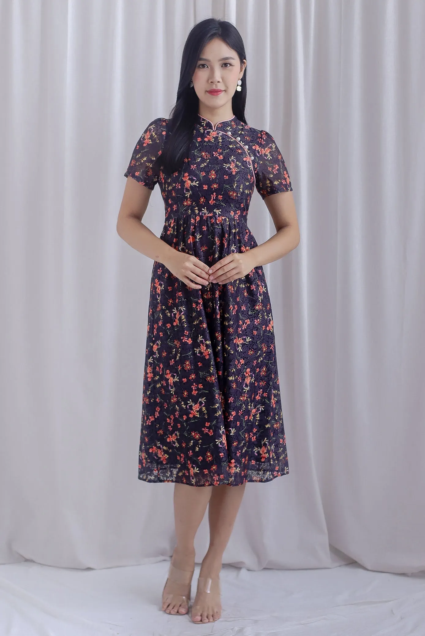 Eudora Sleeved Floral Lace Cheong Sam Dress In Black