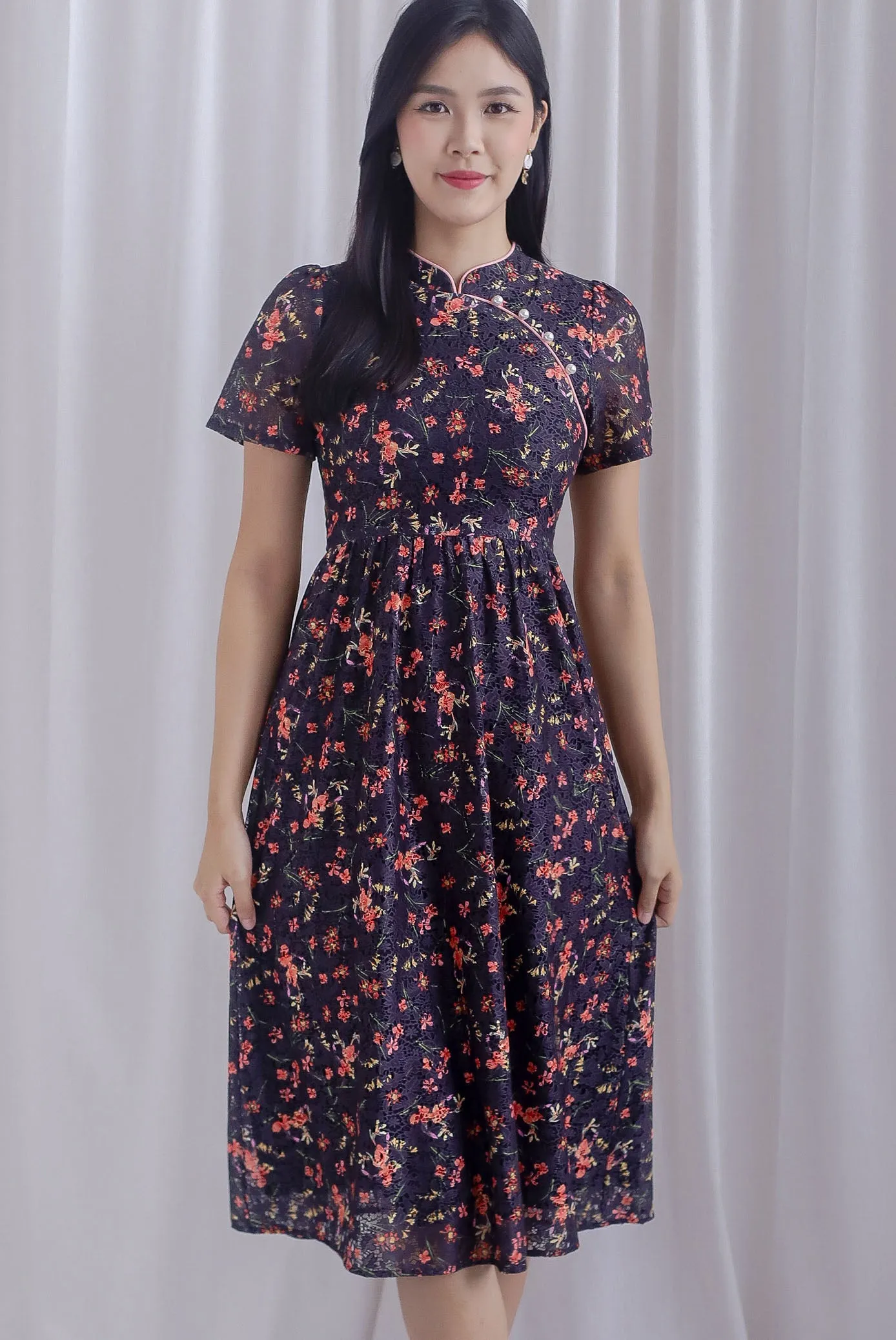 Eudora Sleeved Floral Lace Cheong Sam Dress In Black