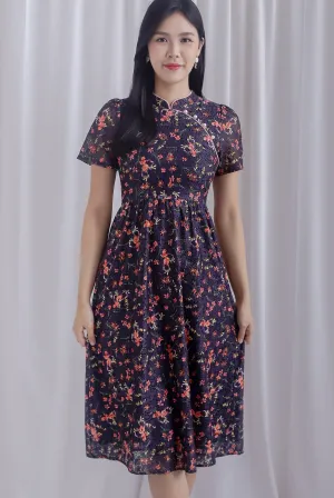 Eudora Sleeved Floral Lace Cheong Sam Dress In Black