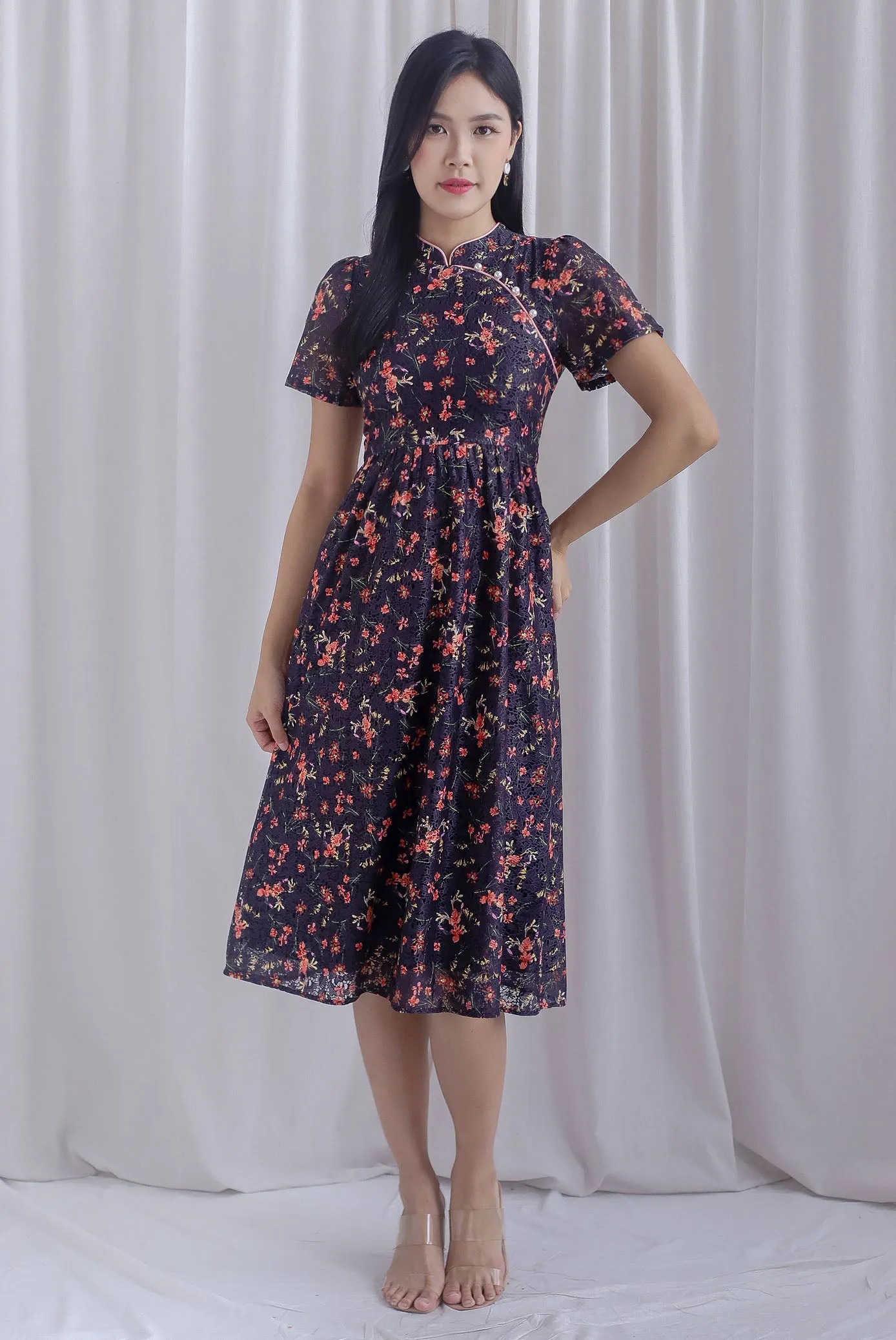 Eudora Sleeved Floral Lace Cheong Sam Dress In Black