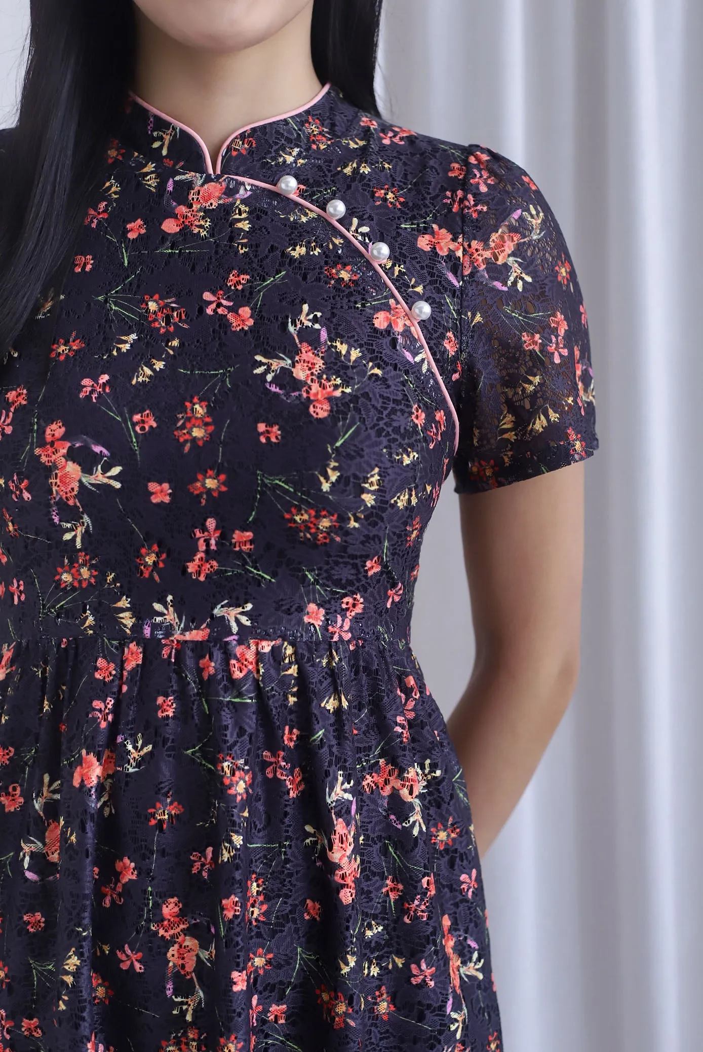 Eudora Sleeved Floral Lace Cheong Sam Dress In Black