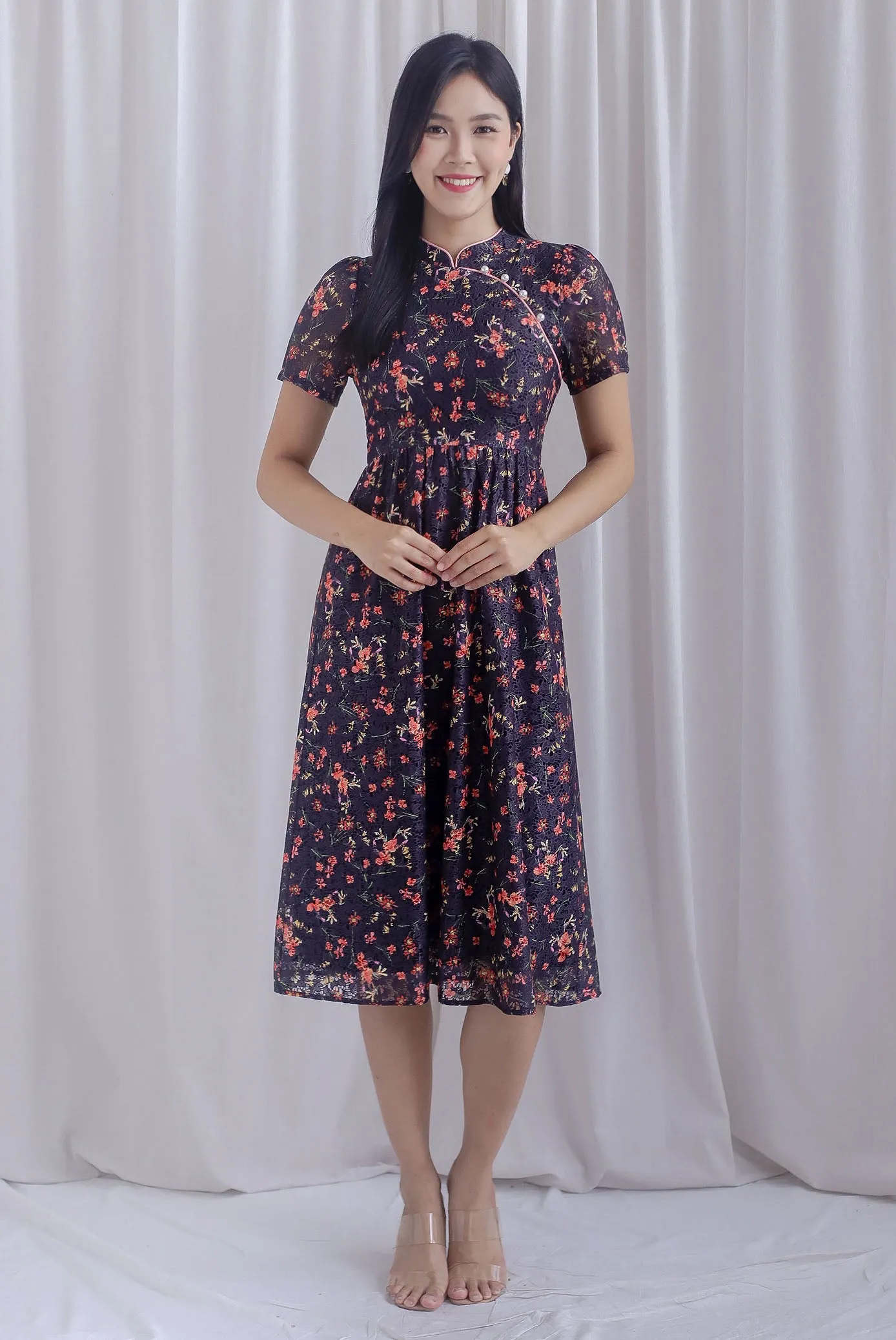 Eudora Sleeved Floral Lace Cheong Sam Dress In Black
