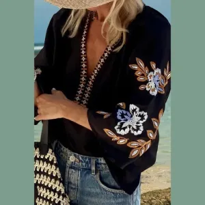 'Evania' Flower Embroidered Poncho Blouse