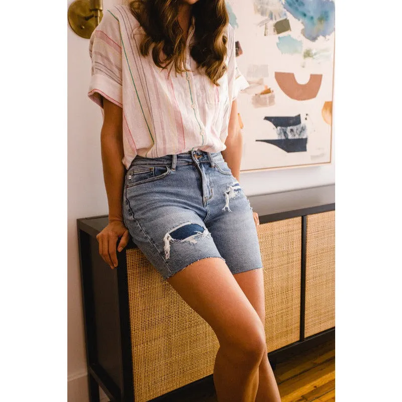 Exactly Right High Waisted Mid-Length Shorts - Light Denim