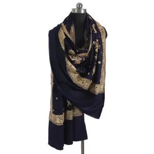 Fast Blue Zari Embroidered Cashmere Pashmina Shawl