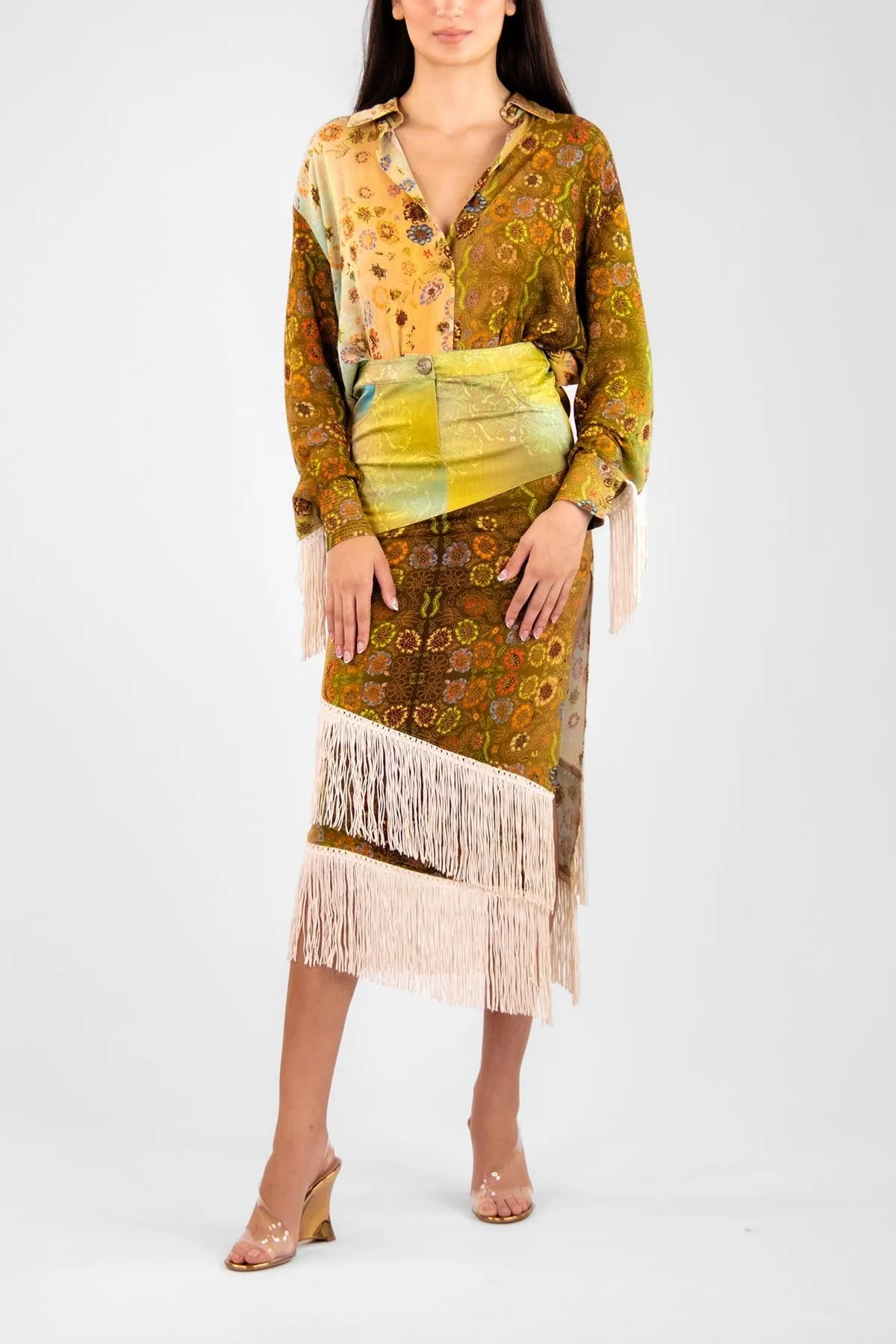 Faye Fringe Patchwork Asymmetric Maxi Skirt in Multi