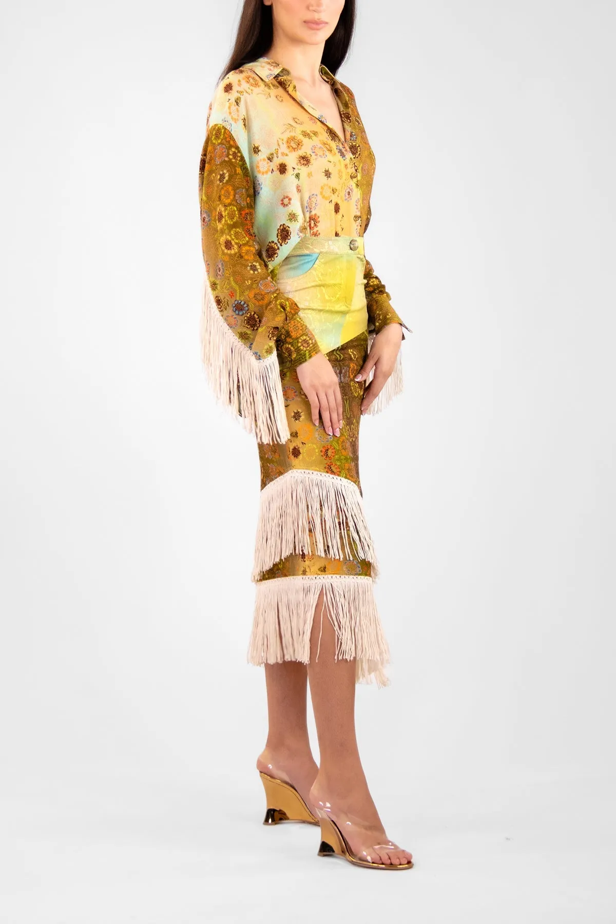 Faye Fringe Patchwork Asymmetric Maxi Skirt in Multi