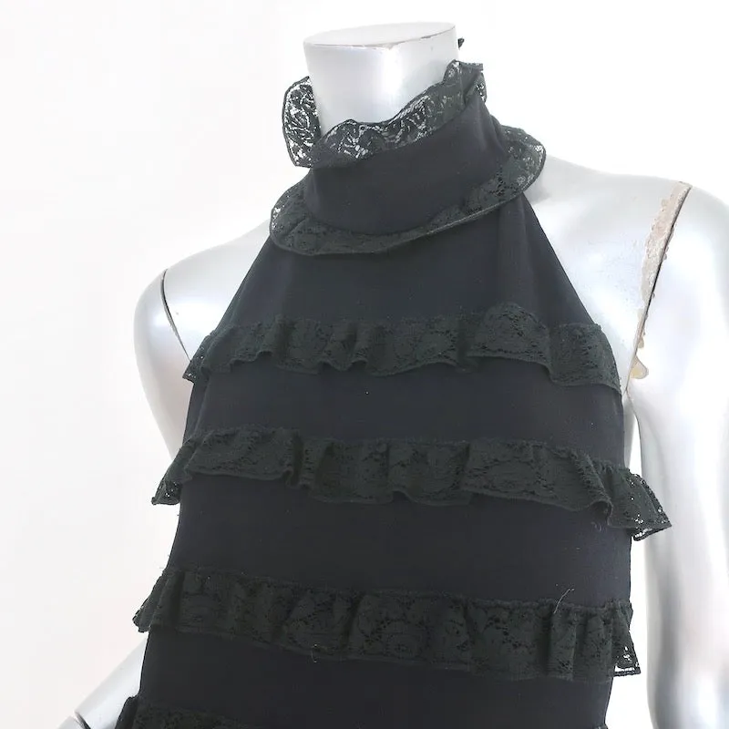 Fendi Open Back Halter Dress Black Ruffled Lace-Trim Silk Size 42