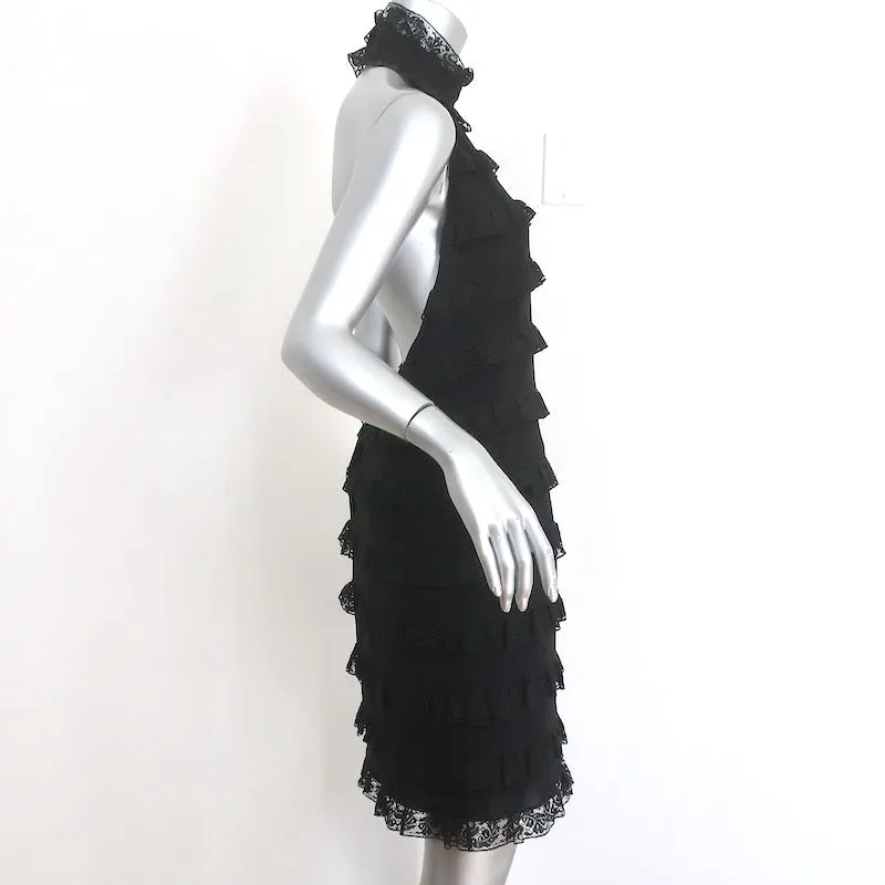 Fendi Open Back Halter Dress Black Ruffled Lace-Trim Silk Size 42